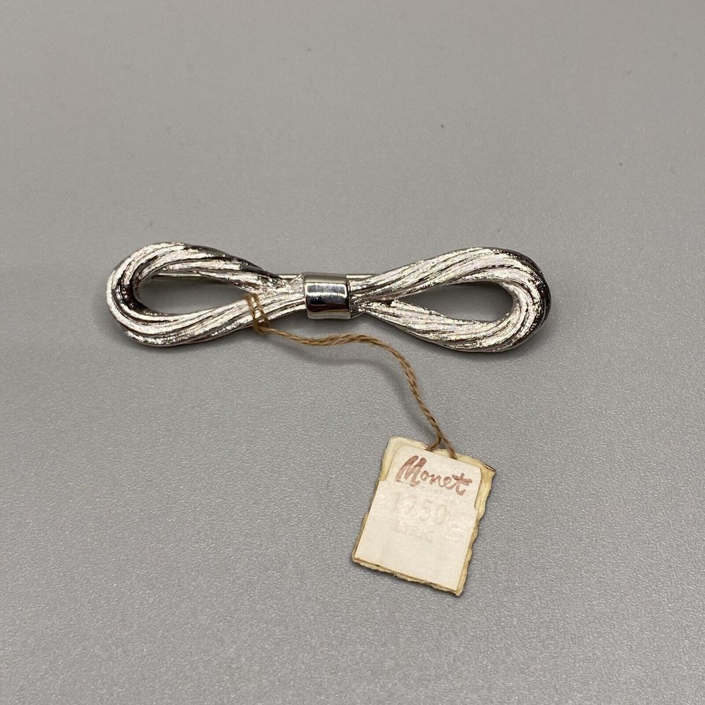 Monet Vintage Silver Tone Braided Infinity Loop Bow Brooch Bar Pin‎ Signed Tags